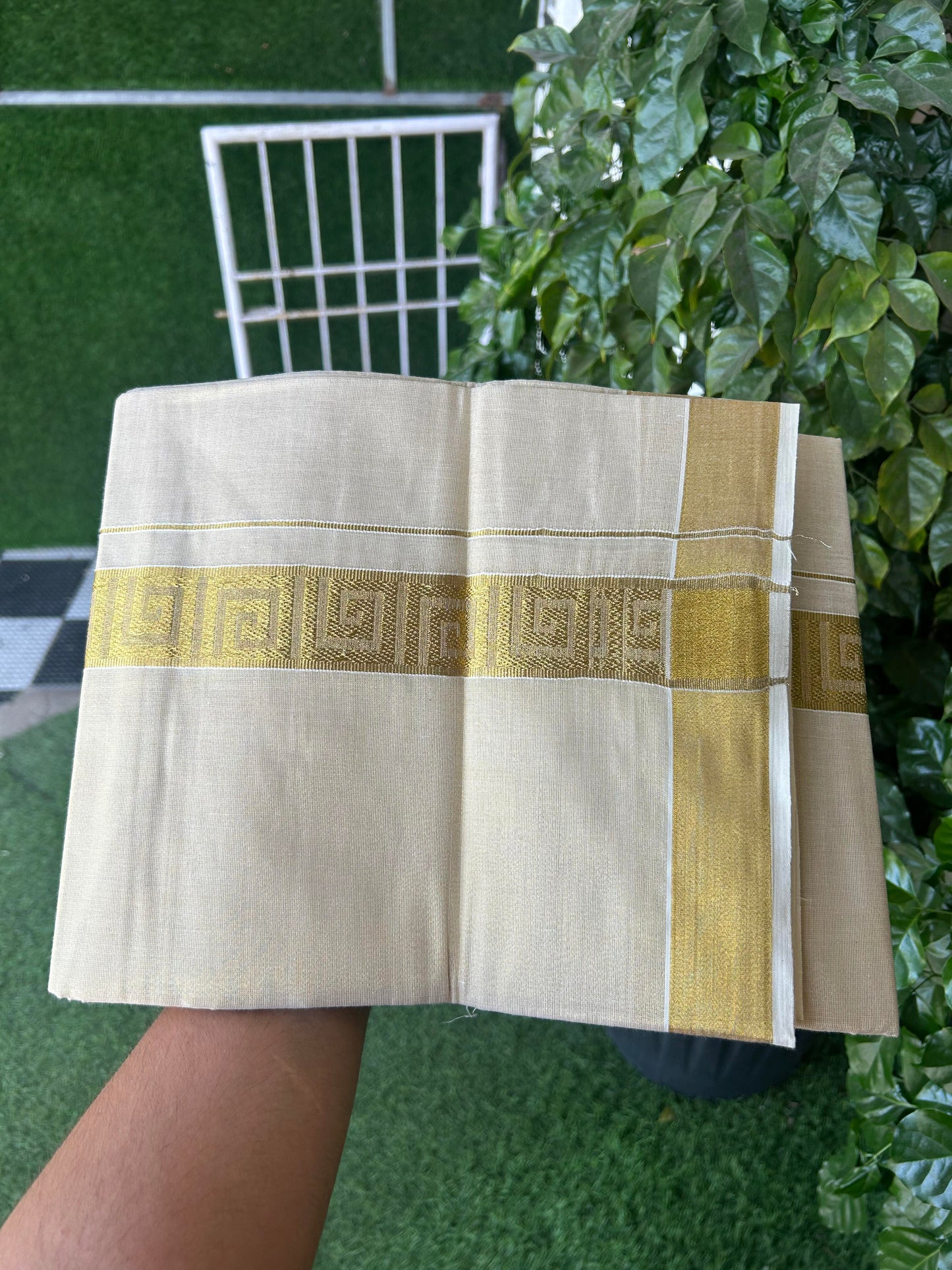 20% Discount! Kaitharikada Balaramapuram Mixed Cotton - Gold Kasav Tissue Material Double Dhoti/Mund - (60s) - 1.75 inch Gold Kasav Design kara 4 mtr (8.5 muzham) - 34 KK5362 GAN