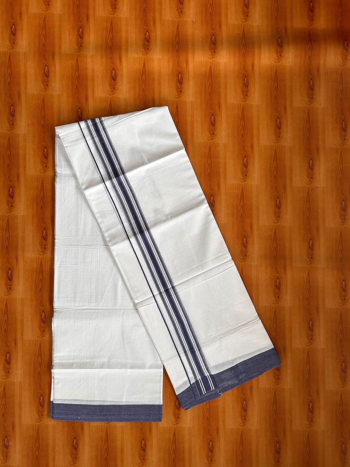 Double Pure White Mundu/Dhoti -20% Discount! KaithariKada 100% Cotton - 100x80 - 1.25 Inch Navy Blue Shaded Striped Kara - 3.80 mtr (8 muzham) - 10 KK5519 PMC