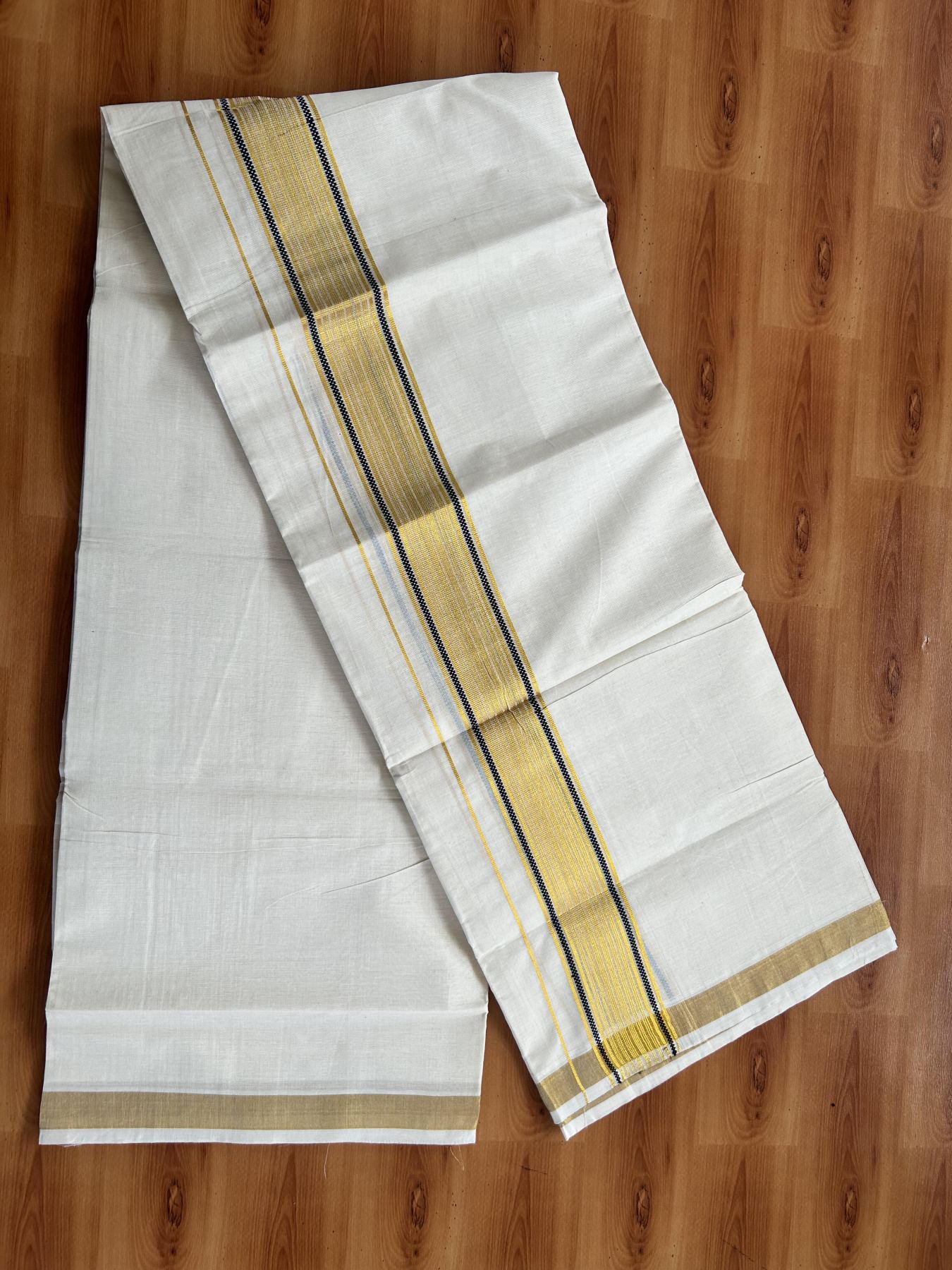 Double Off White (Unbleached) Mundu/Dothi- 20% Discount! Kaitharikada Balaramapuram Pure Cotton - 100x80 - 1.5 inch Gold Kasav & Ash Black Center Tissue Striped Kara 4 mtr (8.5 muzham) - 48 KK5452 THI