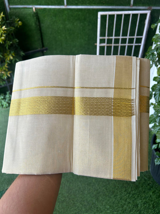 20% Discount! Kaitharikada Balaramapuram Mixed Cotton - Gold Kasav Tissue Material Double Dhoti/Mund - (60s) - 1.5 inch Gold Kasav Design kara 4 mtr (8.5 muzham) - 33 KK5362 GAN