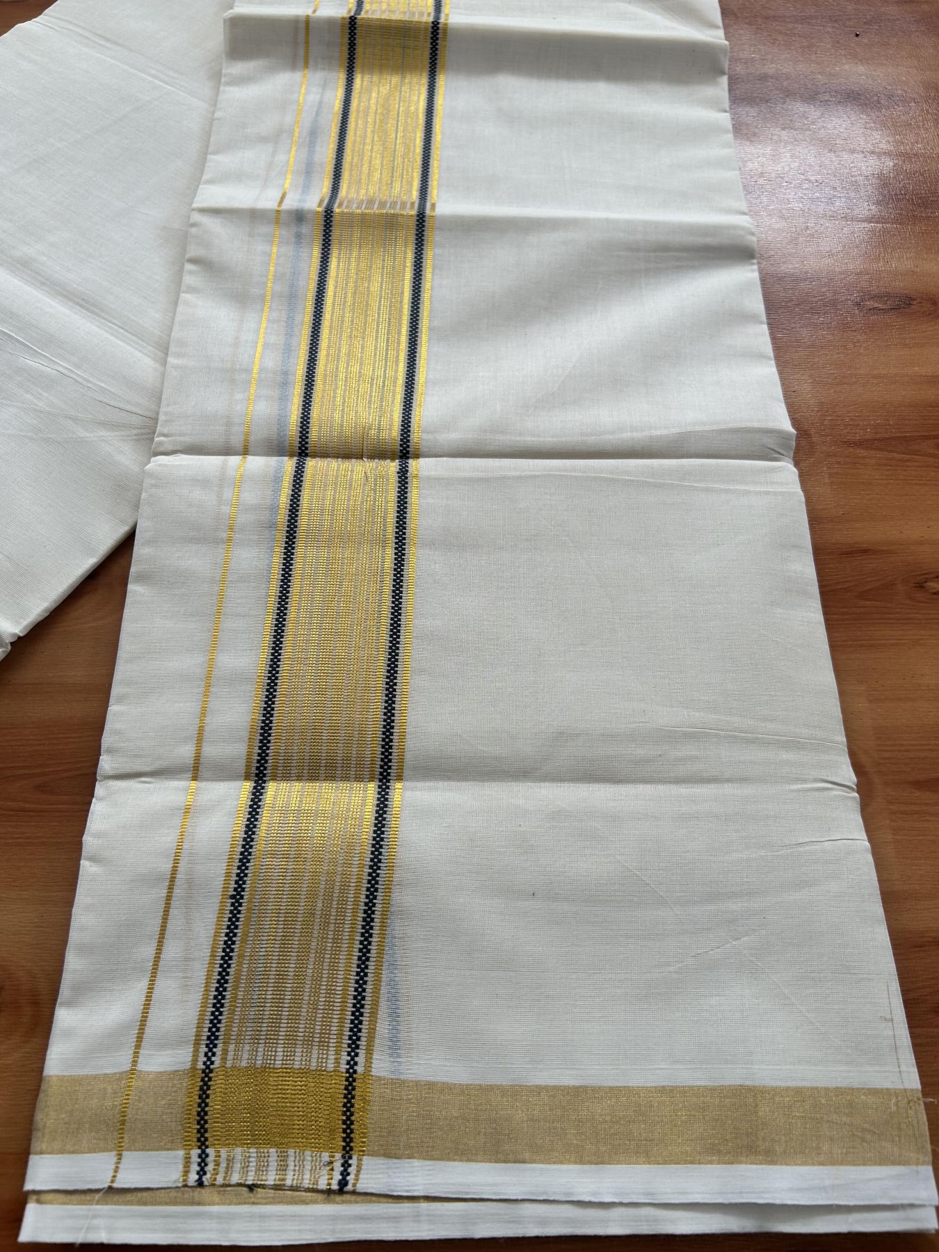 Double Off White (Unbleached) Mundu/Dothi- 20% Discount! Kaitharikada Balaramapuram Pure Cotton - 100x80 - 1.5 inch Gold Kasav & Ash Black Center Tissue Striped Kara 4 mtr (8.5 muzham) - 48 KK5452 THI