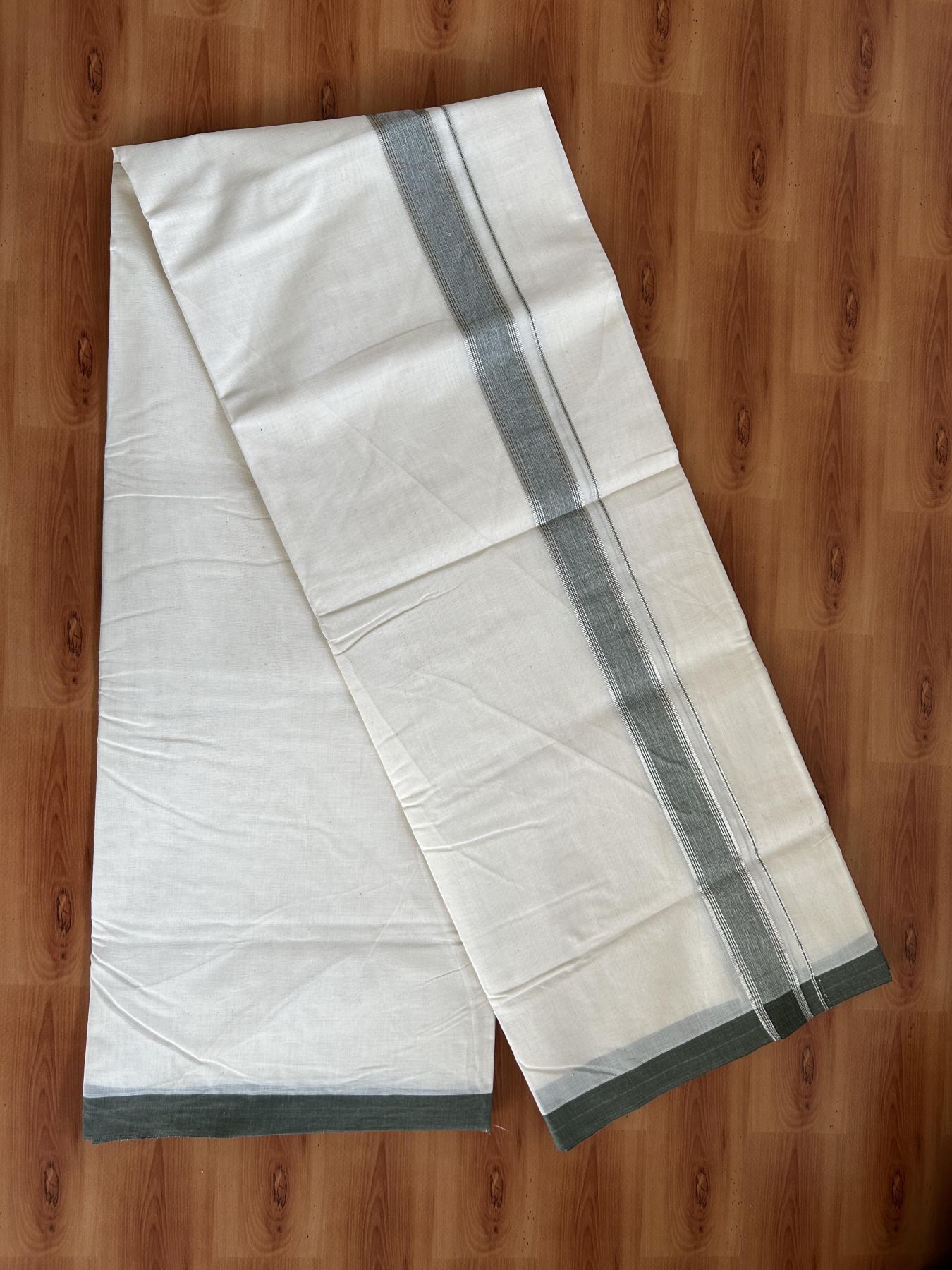 Double Off white - (Unbleached) - Mundu/Dhoti- 20% Discount KaithariKada Balaramapuram 100% Cotton - 100x100 - 1.25 inch Silver Kasav & Olive Green Shaded Striped Kara - 4mtr (8.5 muzham)- 38 KK5392 ASH