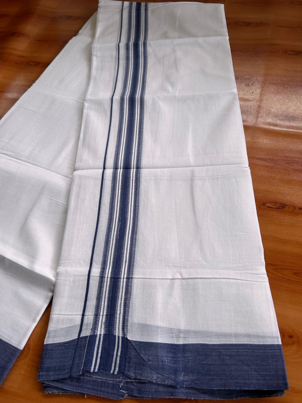 Double Pure White Mundu/Dhoti -20% Discount! KaithariKada 100% Cotton - 100x80 - 1.25 Inch Navy Blue Shaded Striped Kara - 3.80 mtr (8 muzham) - 10 KK5519 PMC