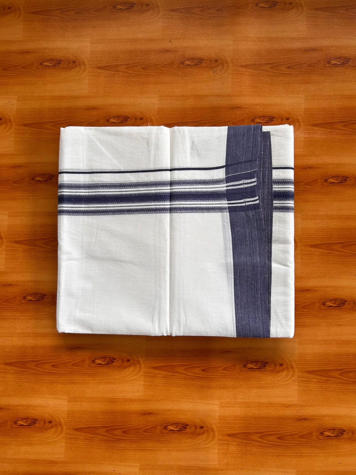 Double Pure White Mundu/Dhoti -20% Discount! KaithariKada 100% Cotton - 100x80 - 1.25 Inch Navy Blue Shaded Striped Kara - 3.80 mtr (8 muzham) - 10 KK5519 PMC