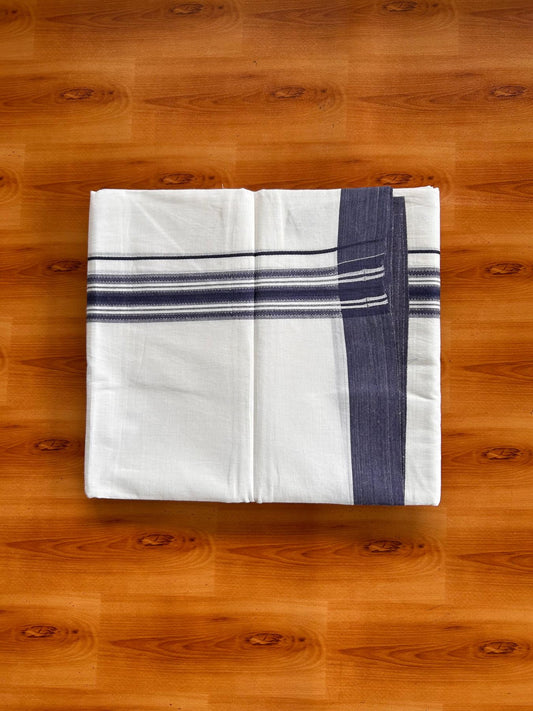 Double Pure White Mundu/Dhoti -20% Discount! KaithariKada 100% Cotton - 100x80 - 1.25 Inch Navy Blue Shaded Striped Kara - 3.80 mtr (8 muzham) - 10 KK5519 PMC