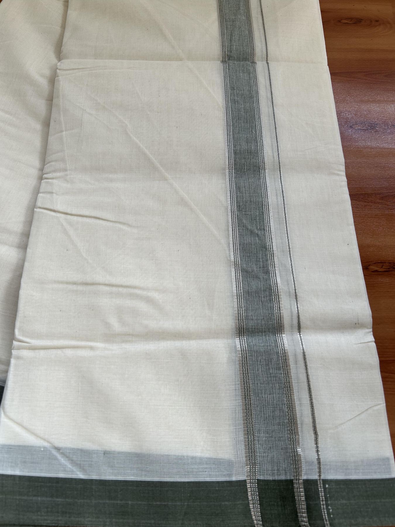 Double Off white - (Unbleached) - Mundu/Dhoti- 20% Discount KaithariKada Balaramapuram 100% Cotton - 100x100 - 1.25 inch Silver Kasav & Olive Green Shaded Striped Kara - 4mtr (8.5 muzham)- 38 KK5392 ASH