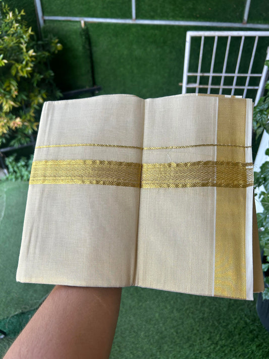 20% Discount! Kaitharikada Balaramapuram Mixed Cotton - Gold Kasav Tissue Material Double Dhoti/Mund - (60s) - 1.25 inch Gold Kasav Design kara 4 mtr (8.5 muzham) - 31 KK5362 GAN