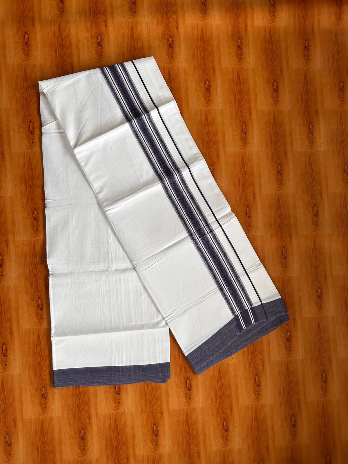 Double Pure White Mundu/Dhoti -20% Discount! KaithariKada 100% Cotton - 100x80 - 1.75 Inch Dark Navy Blue Shaded Striped Kara - 3.80 mtr (8 muzham) - 11 KK5519 PMC