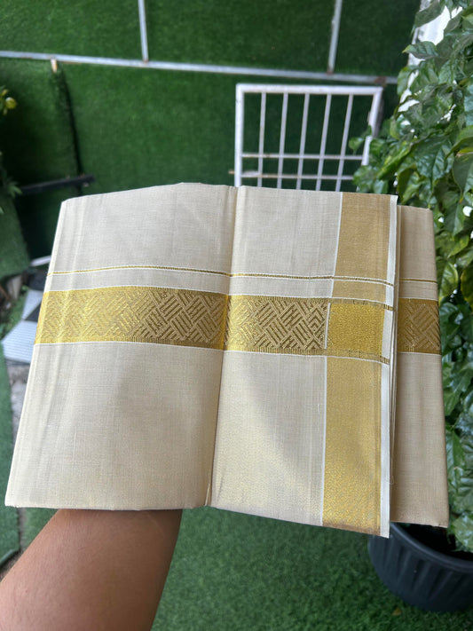 20% Discount! Kaitharikada Balaramapuram Mixed Cotton - Gold Kasav Tissue Material Double Dhoti/Mund - (60s) - 1.75 inch Gold Kasav Design kara 4 mtr (8.5 muzham) - 30 KK5362 GAN