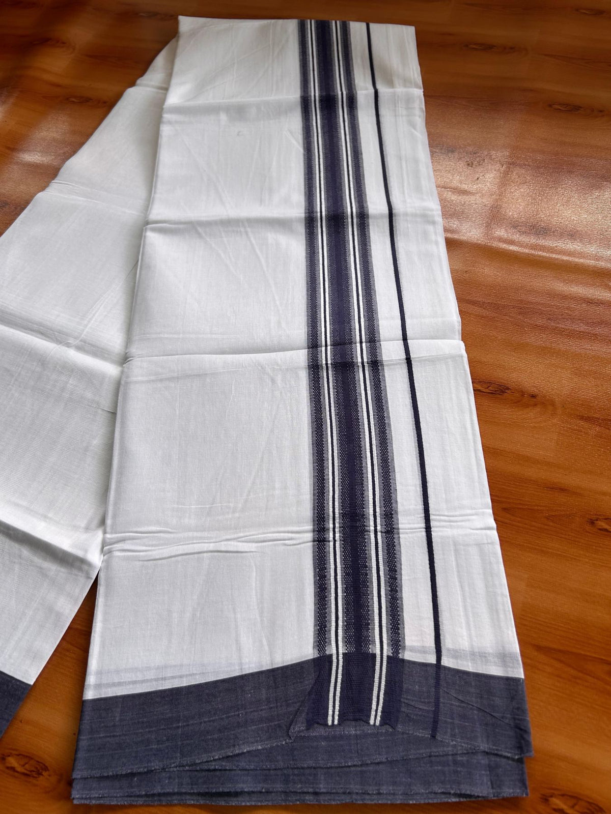 Double Pure White Mundu/Dhoti -20% Discount! KaithariKada 100% Cotton - 100x80 - 1.75 Inch Dark Navy Blue Shaded Striped Kara - 3.80 mtr (8 muzham) - 11 KK5519 PMC