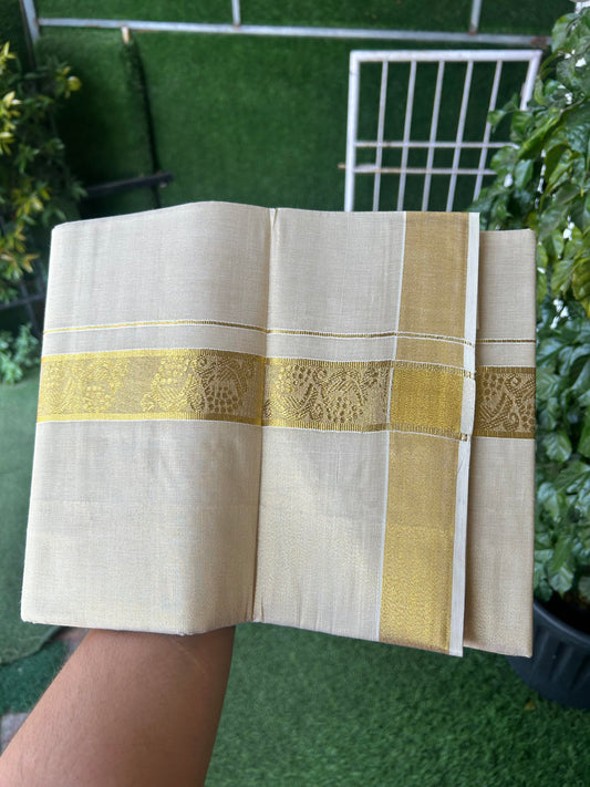 20% Discount! Kaitharikada Balaramapuram Mixed Cotton - Gold Kasav Tissue Material Double Dhoti/Mund - (60s) - 1.75 inch Gold Kasav Design kara 4 mtr (8.5 muzham) - 29 KK5362 GAN