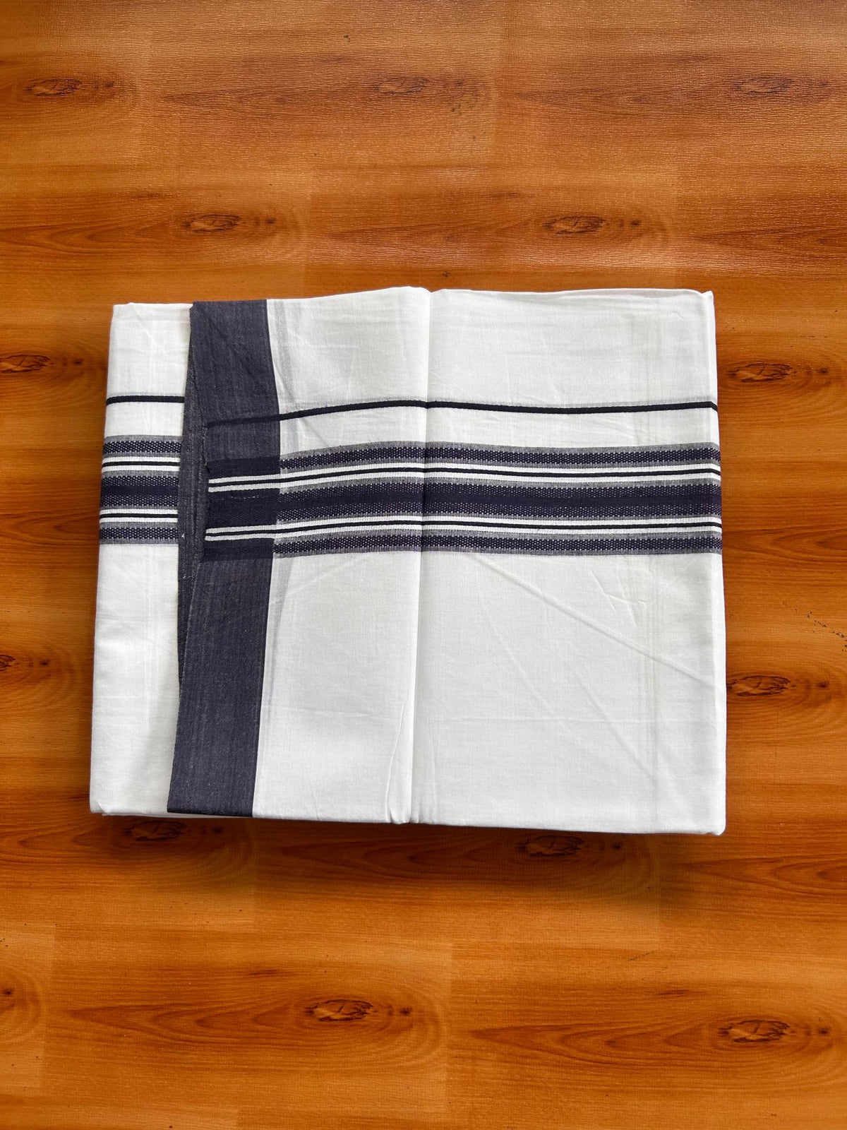 Double Pure White Mundu/Dhoti -20% Discount! KaithariKada 100% Cotton - 100x80 - 1.75 Inch Dark Navy Blue Shaded Striped Kara - 3.80 mtr (8 muzham) - 11 KK5519 PMC