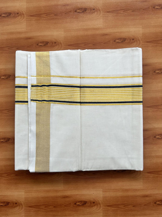Double Off White (Unbleached) Mundu/Dothi- 20% Discount! Kaitharikada Balaramapuram Pure Cotton - 100x80 - 1.5 inch Gold Kasav & Ash Black Striped Kara 4 mtr (8.5 muzham) - 49 KK5452 THI