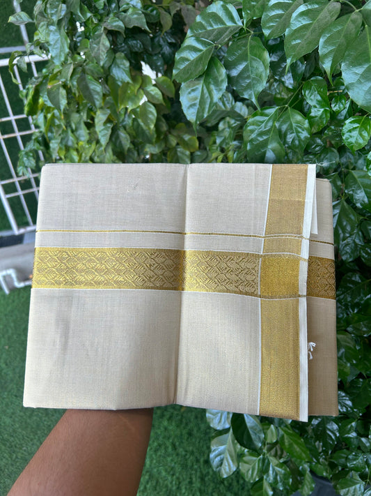 20% Discount! Kaitharikada Balaramapuram Mixed Cotton - Gold Kasav Tissue Material Double Dhoti/Mund - (60s) - 1.75 inch Gold Kasav Design kara 4 mtr (8.5 muzham) - 28 KK5362 GAN