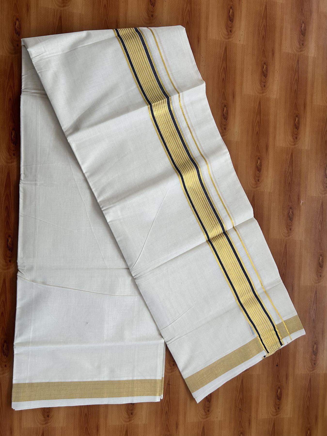 Double Off White (Unbleached) Mundu/Dothi- 20% Discount! Kaitharikada Balaramapuram Pure Cotton - 100x80 - 1.5 inch Gold Kasav & Ash Black Striped Kara 4 mtr (8.5 muzham) - 49 KK5452 THI