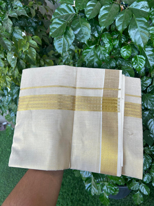 20% Discount! Kaitharikada Balaramapuram Mixed Cotton - Gold Kasav Tissue Material Double Dhoti/Mund - (60s) - 1.5 inch Gold Kasav Design kara 4 mtr (8.5 muzham) - 27 KK5362 GAN