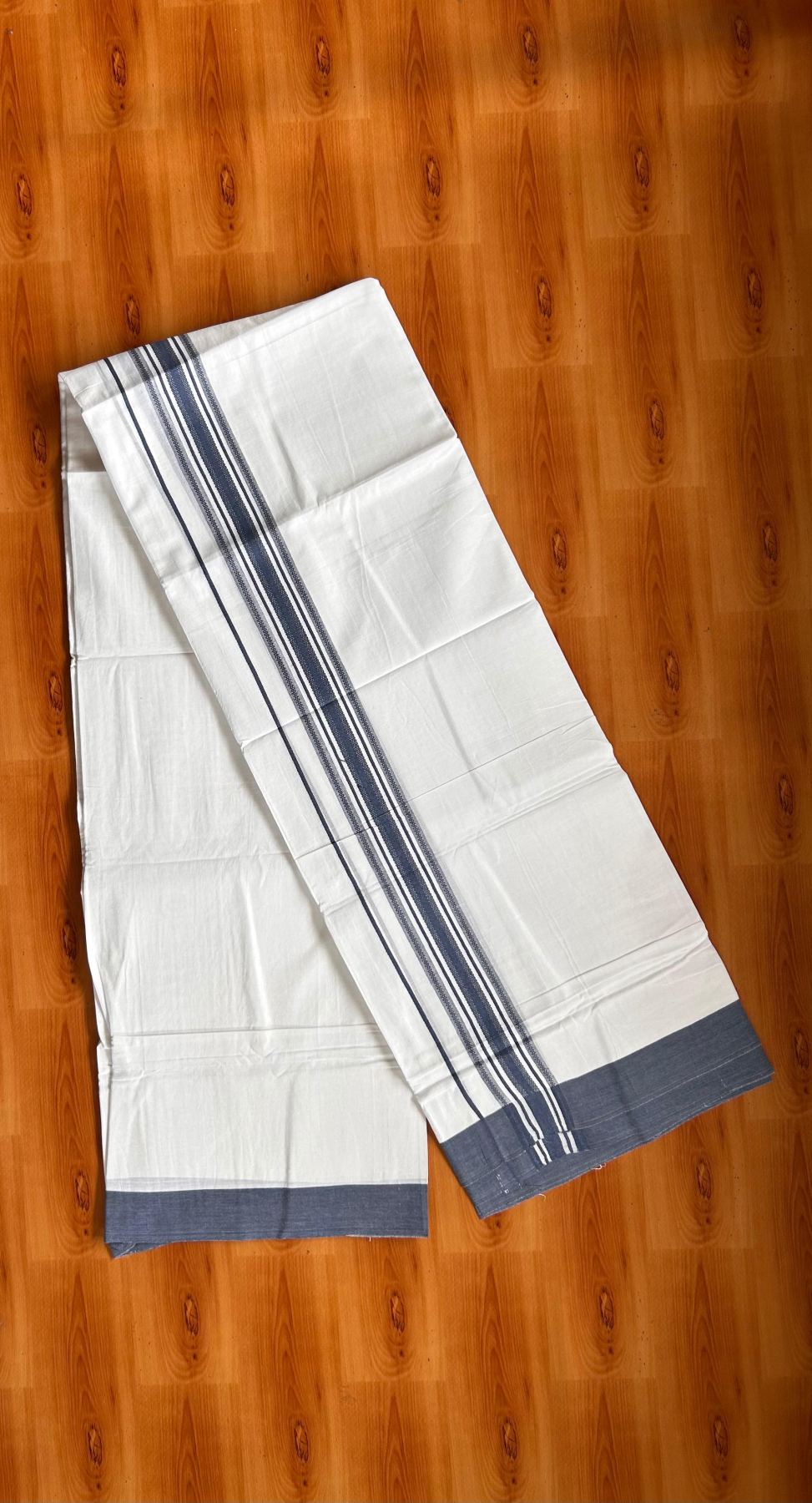 Double Pure White Mundu/Dhoti -20% Discount! KaithariKada 100% Cotton - 100x80 - 1.5 Inch Peacock Blue Shaded Striped Kara - 3.80 mtr (8 muzham) - 12 KK5519 PMC