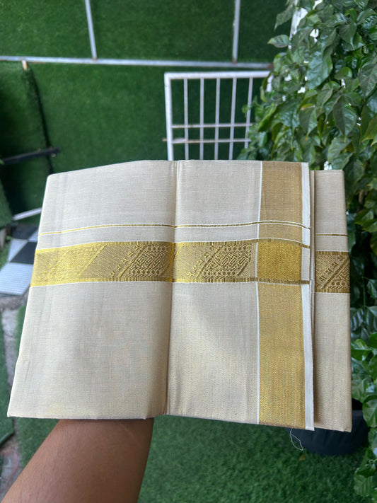 20% Discount! Kaitharikada Balaramapuram Mixed Cotton - Gold Kasav Tissue Material Double Dhoti/Mund - (60s) - 1.5 inch Gold Kasav Design kara 4 mtr (8.5 muzham) - 26 KK5362 GAN