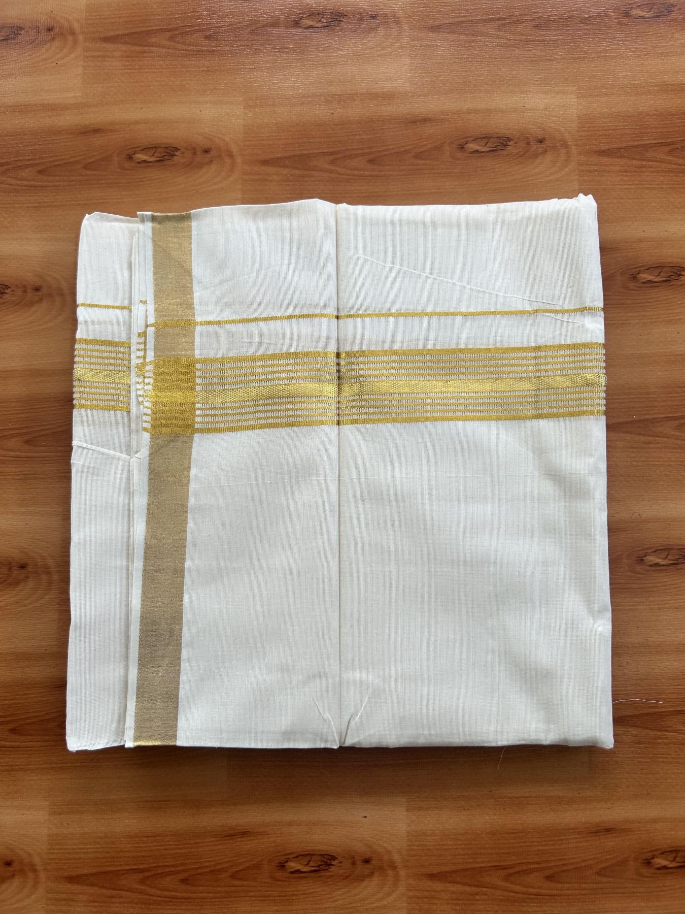 Double Off White (Unbleached) Mundu/Dothi- 20% Discount! Kaitharikada Balaramapuram Pure Cotton - 100x80 - 1.25 inch Gold Kasav Striped Kara 4 mtr (8.5 muzham) -  36 KK5452 THI