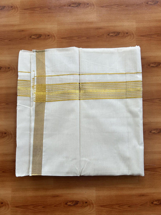Double Off White (Unbleached) Mundu/Dothi- 20% Discount! Kaitharikada Balaramapuram Pure Cotton - 100x80 - 1.25 inch Gold Kasav Striped Kara 4 mtr (8.5 muzham) -  36 KK5452 THI