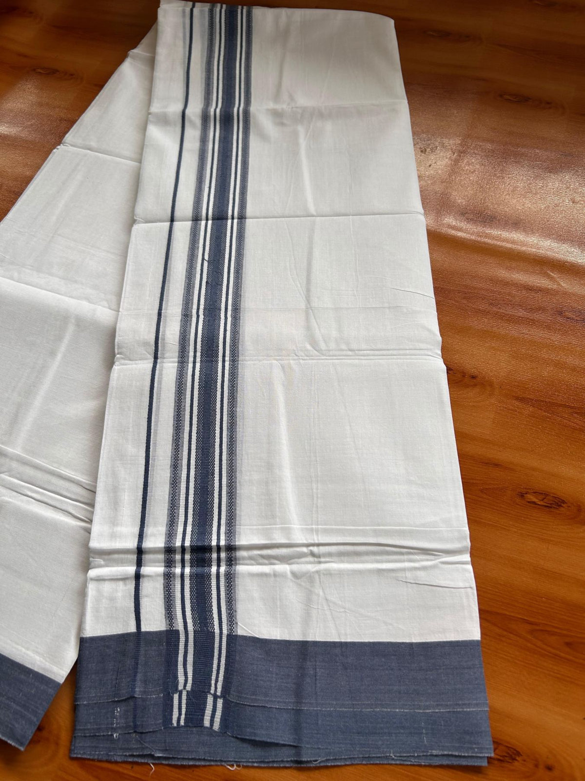 Double Pure White Mundu/Dhoti -20% Discount! KaithariKada 100% Cotton - 100x80 - 1.5 Inch Peacock Blue Shaded Striped Kara - 3.80 mtr (8 muzham) - 12 KK5519 PMC