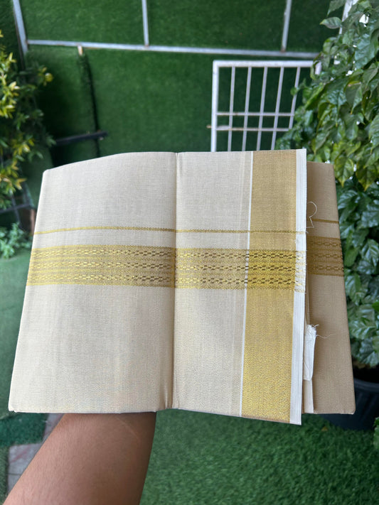20% Discount! Kaitharikada Balaramapuram Mixed Cotton - Gold Kasav Tissue Material Double Dhoti/Mund - (60s) - 1.5 inch Gold Kasav Design kara 4 mtr (8.5 muzham) - 25 KK5362 GAN