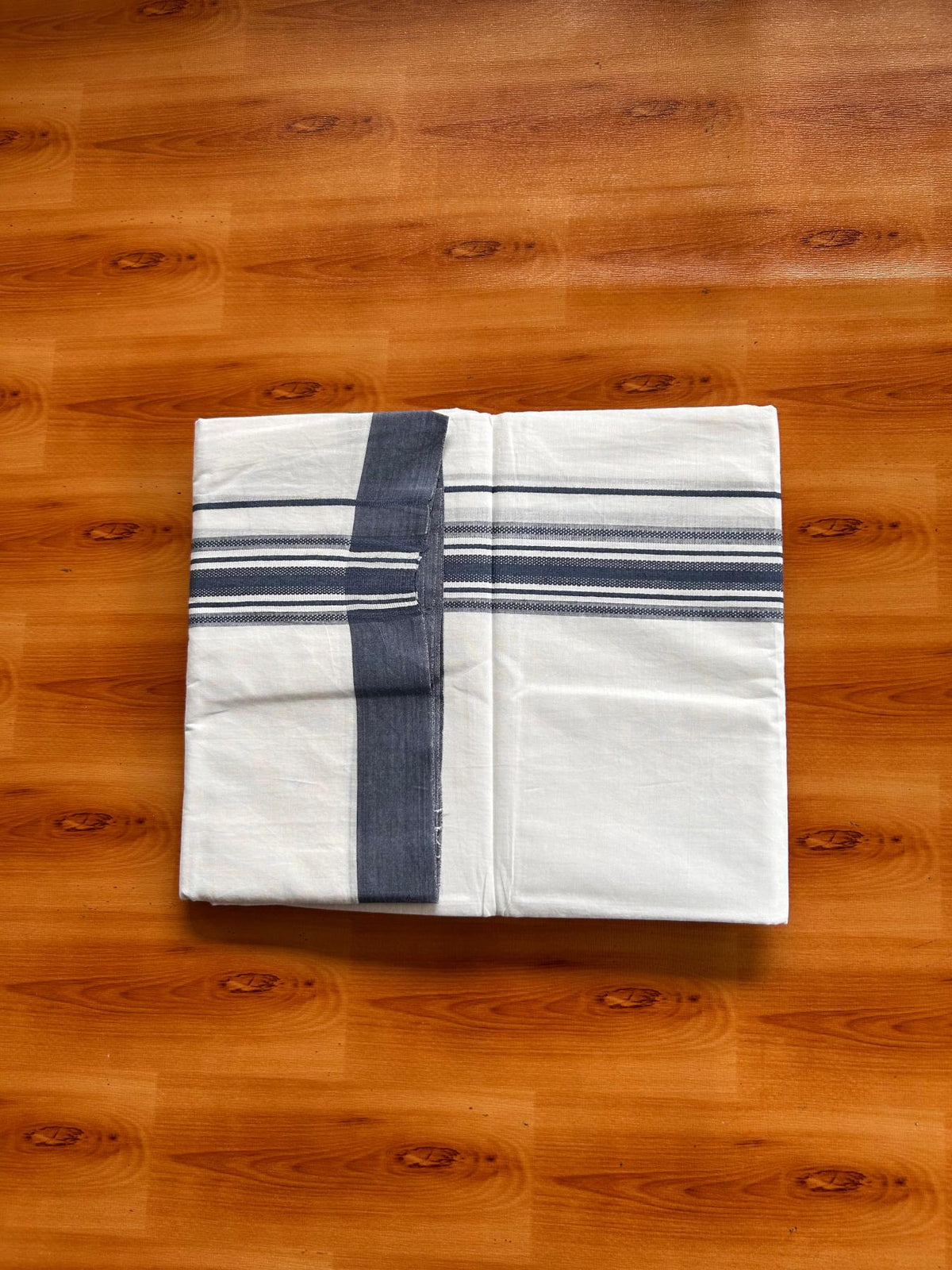 Double Pure White Mundu/Dhoti -20% Discount! KaithariKada 100% Cotton - 100x80 - 1.5 Inch Peacock Blue Shaded Striped Kara - 3.80 mtr (8 muzham) - 12 KK5519 PMC
