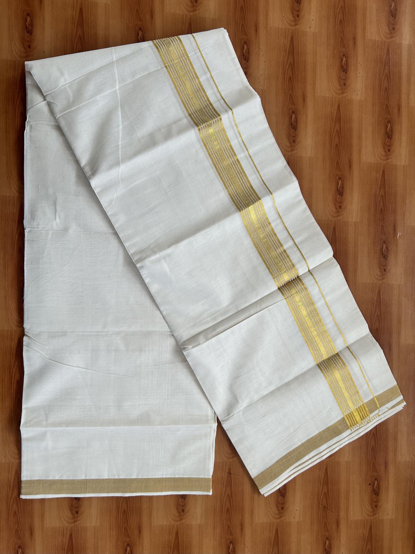 Double Off White (Unbleached) Mundu/Dothi- 20% Discount! Kaitharikada Balaramapuram Pure Cotton - 100x80 - 1.25 inch Gold Kasav Striped Kara 4 mtr (8.5 muzham) -  36 KK5452 THI