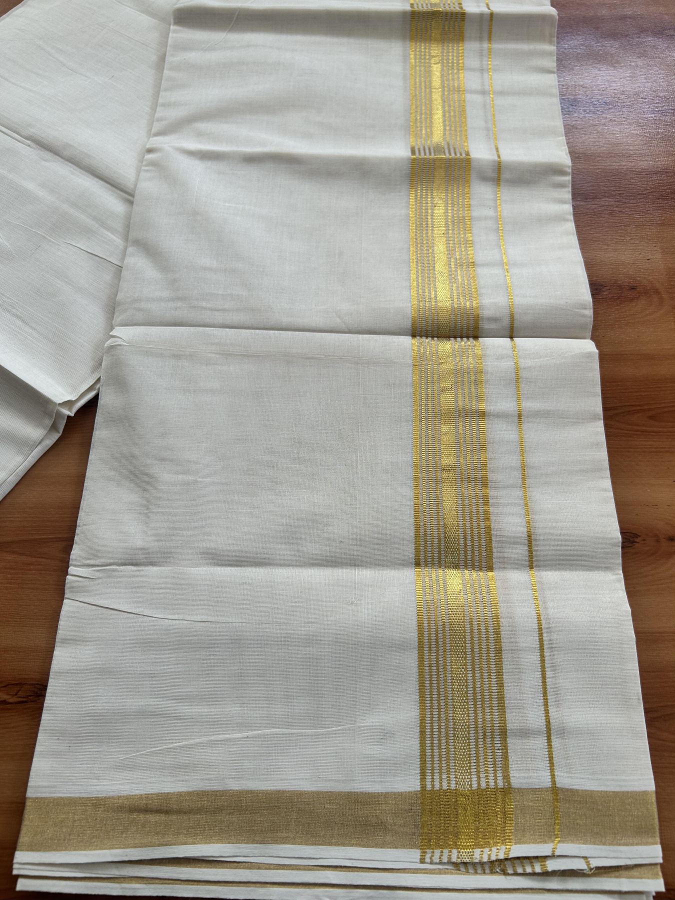 Double Off White (Unbleached) Mundu/Dothi- 20% Discount! Kaitharikada Balaramapuram Pure Cotton - 100x80 - 1.25 inch Gold Kasav Striped Kara 4 mtr (8.5 muzham) -  36 KK5452 THI