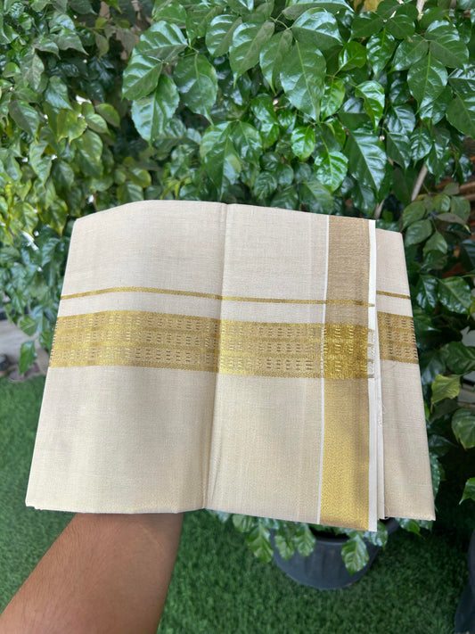 20% Discount! Kaitharikada Balaramapuram Mixed Cotton - Gold Kasav Tissue Material Double Dhoti/Mund - (60s) - 1.5 inch Gold Kasav Design kara 4 mtr (8.5 muzham) - 23 KK5362 GAN