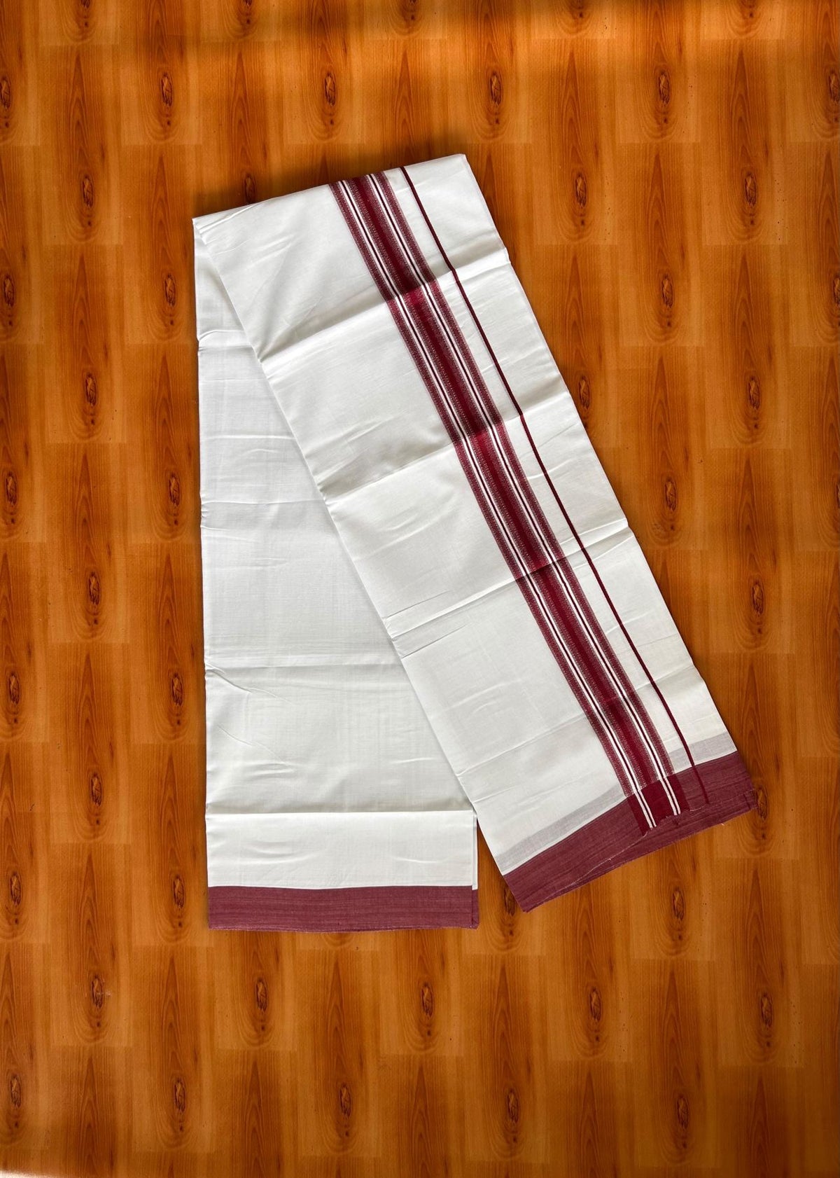 Double Pure White Mundu/Dhoti -20% Discount! KaithariKada 100% Cotton - 100x80 - 1.75 Inch Maroon Shaded Striped Kara - 3.80 mtr (8 muzham) - 13 KK5519 PMC