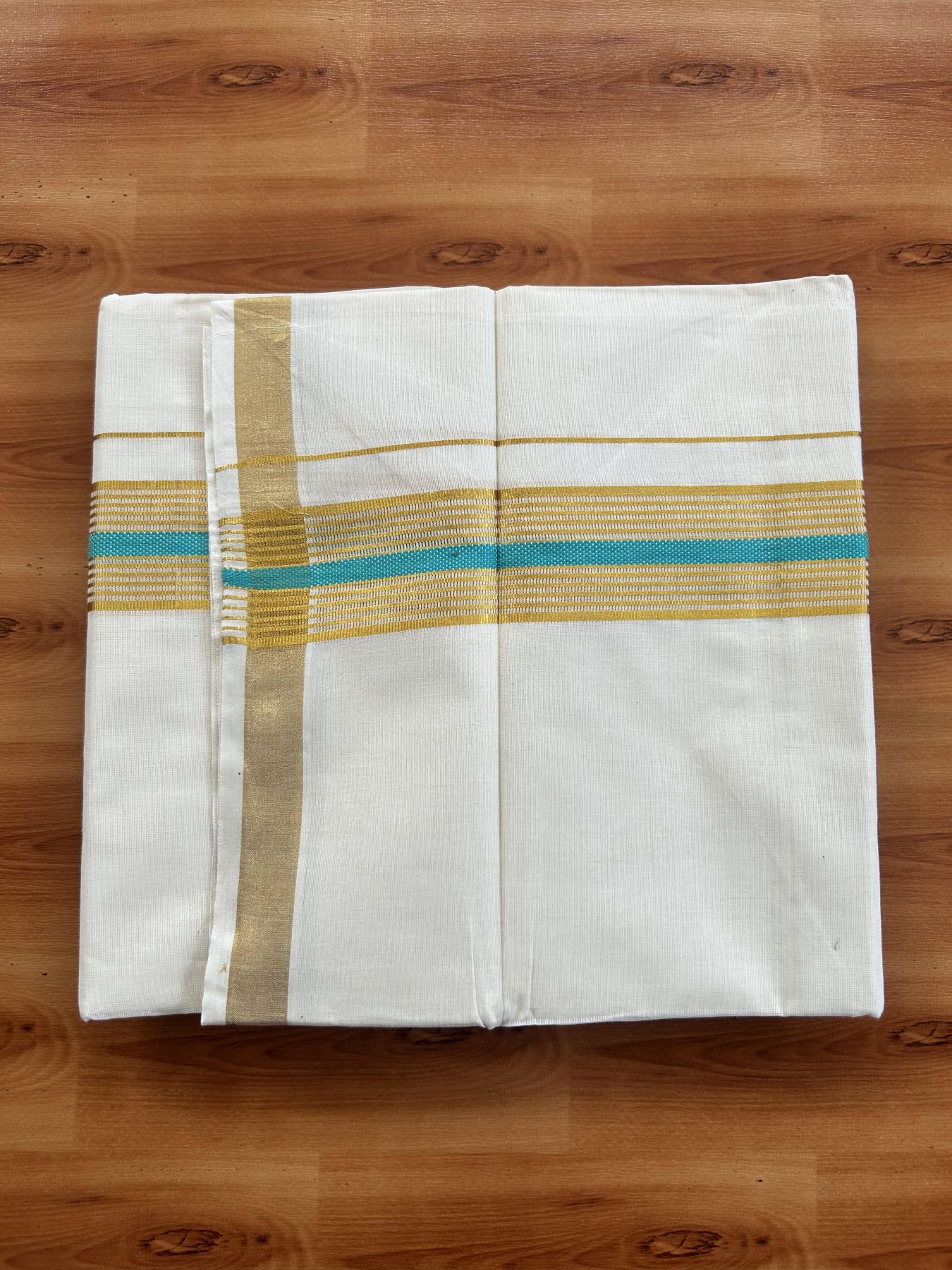 Double Off White (Unbleached) Mundu/Dothi- 20% Discount! Kaitharikada Balaramapuram Pure Cotton - 100x80 - 1.5 inch Gold Kasav & Turquoise Striped Kara 4 mtr (8.5 muzham) -  42 KK5452 THI