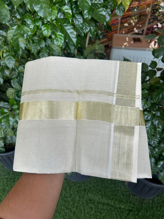 20% Discount! KaithariKada Balaramapuram Cotton Mix - 60s - Double Dhoti/Mund - 1.5 inch Light Gold Kasav Tissue kara 4.00 m (8.5 muzham)- 21 KK5362 GAN