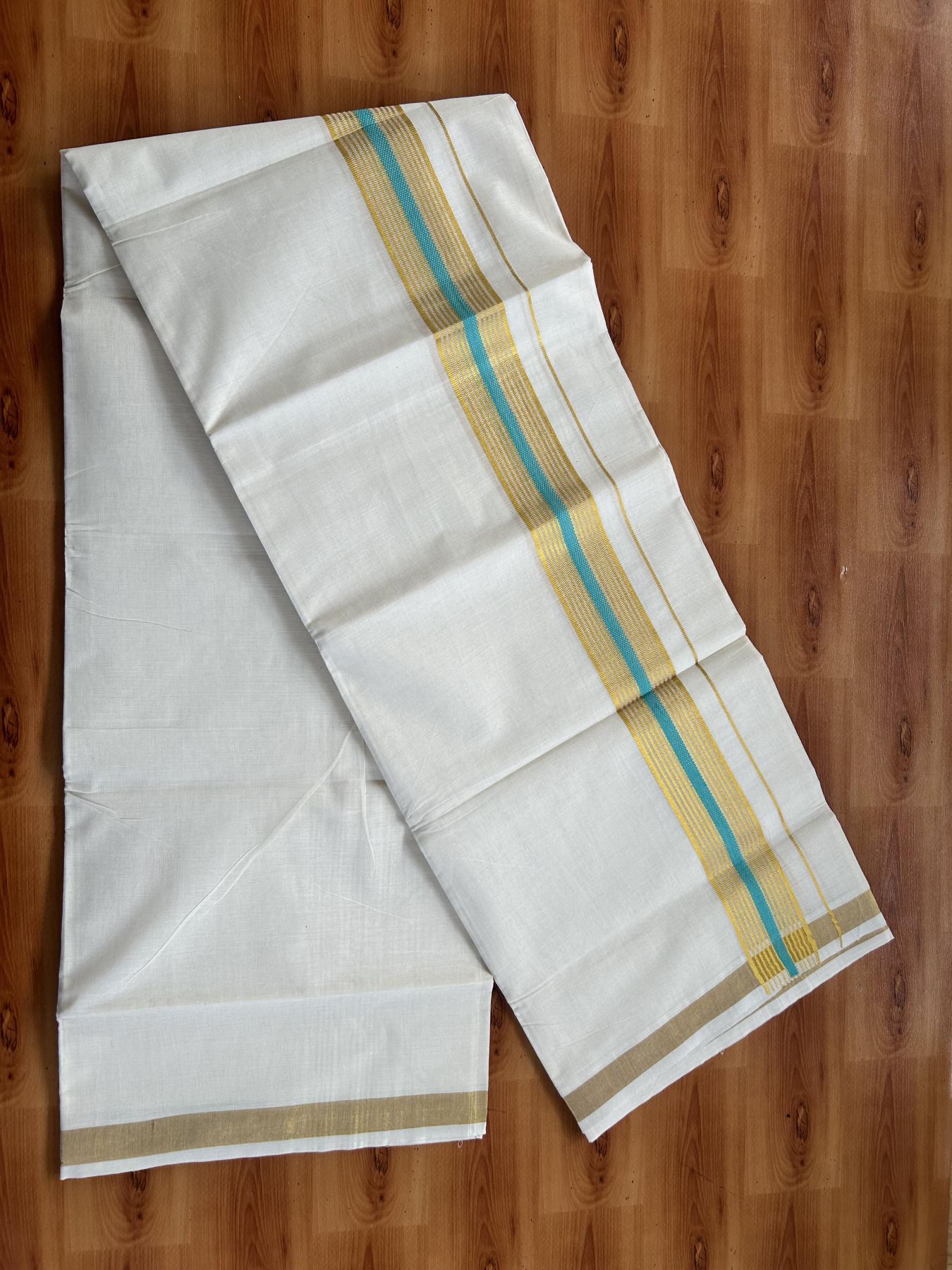 Double Off White (Unbleached) Mundu/Dothi- 20% Discount! Kaitharikada Balaramapuram Pure Cotton - 100x80 - 1.5 inch Gold Kasav & Turquoise Striped Kara 4 mtr (8.5 muzham) -  42 KK5452 THI