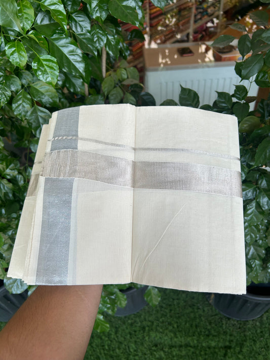 20% Discount ! Kaitharikada Balaramapuram 100% Cotton Off White Double Mundu/Dothi  - 80s - 1.5 Inch Silver Kasav Kara 4 mtr ( 8.5 muzham ) - 63 KK5362 GAN