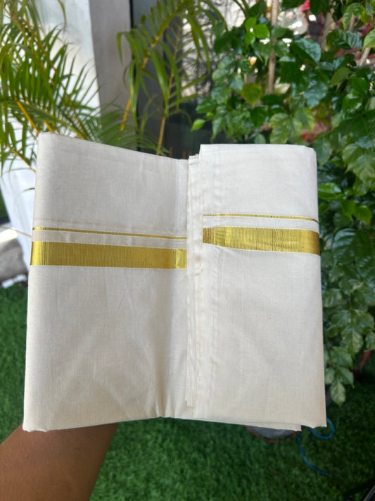 33% DISCOUNT! KaithariKada Balaramapuram 100% Cotton Double Off white - (Unbleached) - Mundu/Dhoti - 100x80 - 0.75 inch Kasavu Kara - 7KK5179ASH