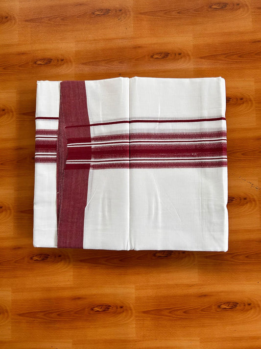Double Pure White Mundu/Dhoti -20% Discount! KaithariKada 100% Cotton - 100x80 - 1.75 Inch Maroon Shaded Striped Kara - 3.80 mtr (8 muzham) - 13 KK5519 PMC