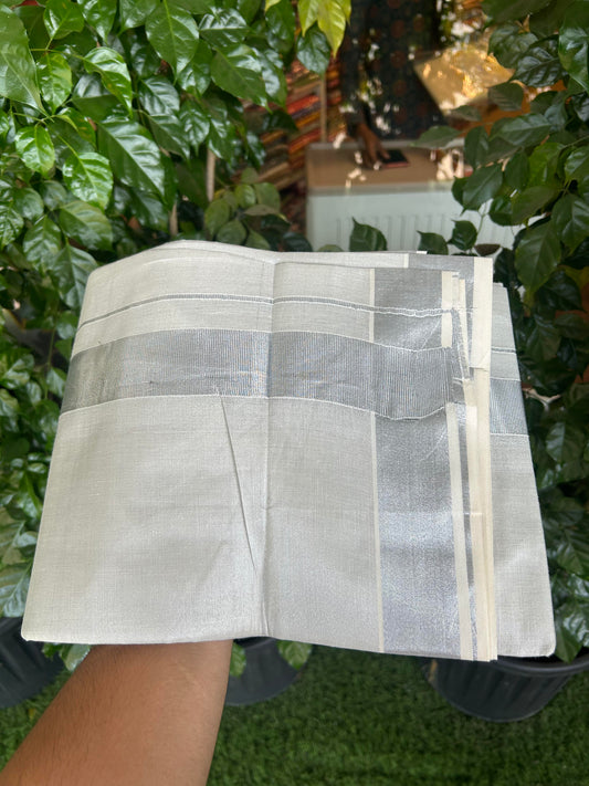 20% Discount! KaithariKada Balaramapuram Cotton Mix - 60s - Double Dhoti/Mund - 1.5 inch Light Silver Kasav Tissue kara 4.00 m (8.5 muzham) - 22 KK5362 GAN