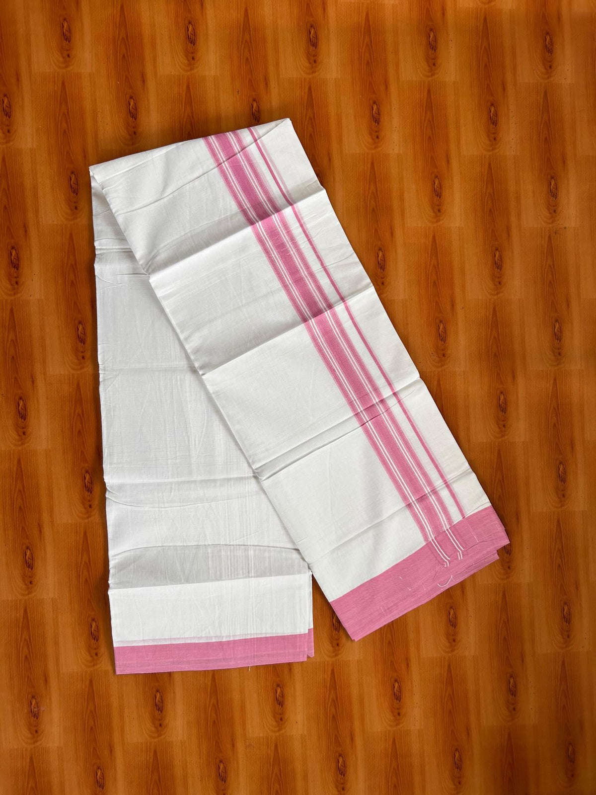 Double Pure White Mundu/Dhoti -20% Discount! KaithariKada 100% Cotton - 100x80 - 1.5 Inch Pink Shaded Striped Kara - 3.80 mtr (8 muzham) - 14 KK5519 PMC