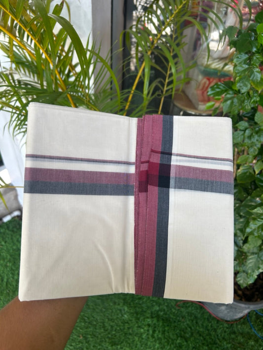 DMK Veshti - 13% DISCOUNT! KaithariKada 100% Cotton off white Double - (Unbleached) Mundu/Dhoti - 100X100 - 1 inch Black & Maroon shaded kara - 2KK5179ASH