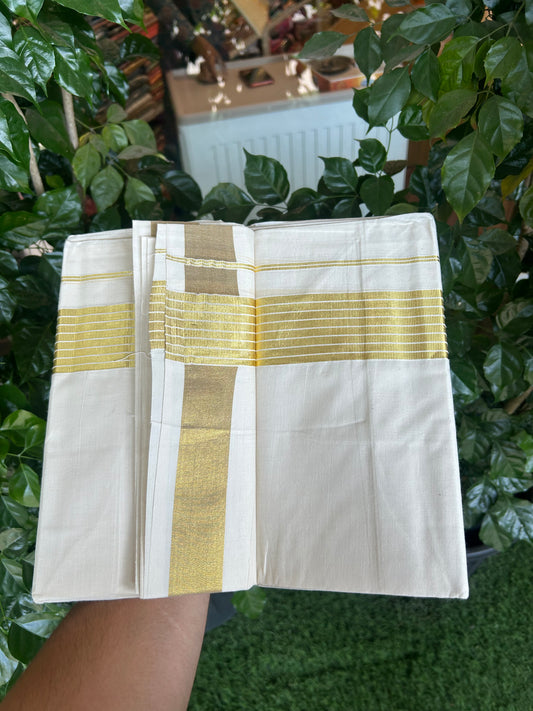 20% Discount! Kaitharikada Balaramapuram 100% Cotton Off White Double Mundu/Dothi  - 80s - 2 Inch Gold Kasav Striped  Kara - 4 mtr ( 8.5 Muzham ) - 64 KK5362GAN