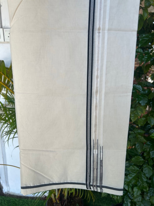 21% Discount! KaithariKada Balaramapuram 100% Cotton Off White - (Unbleached) - Double Mundu/Dhoti-100x100 - 0.5 inch Puliyilakkara Black & Silver Kasavu Striped Double Chutty Kara - 5KK5179ASH
