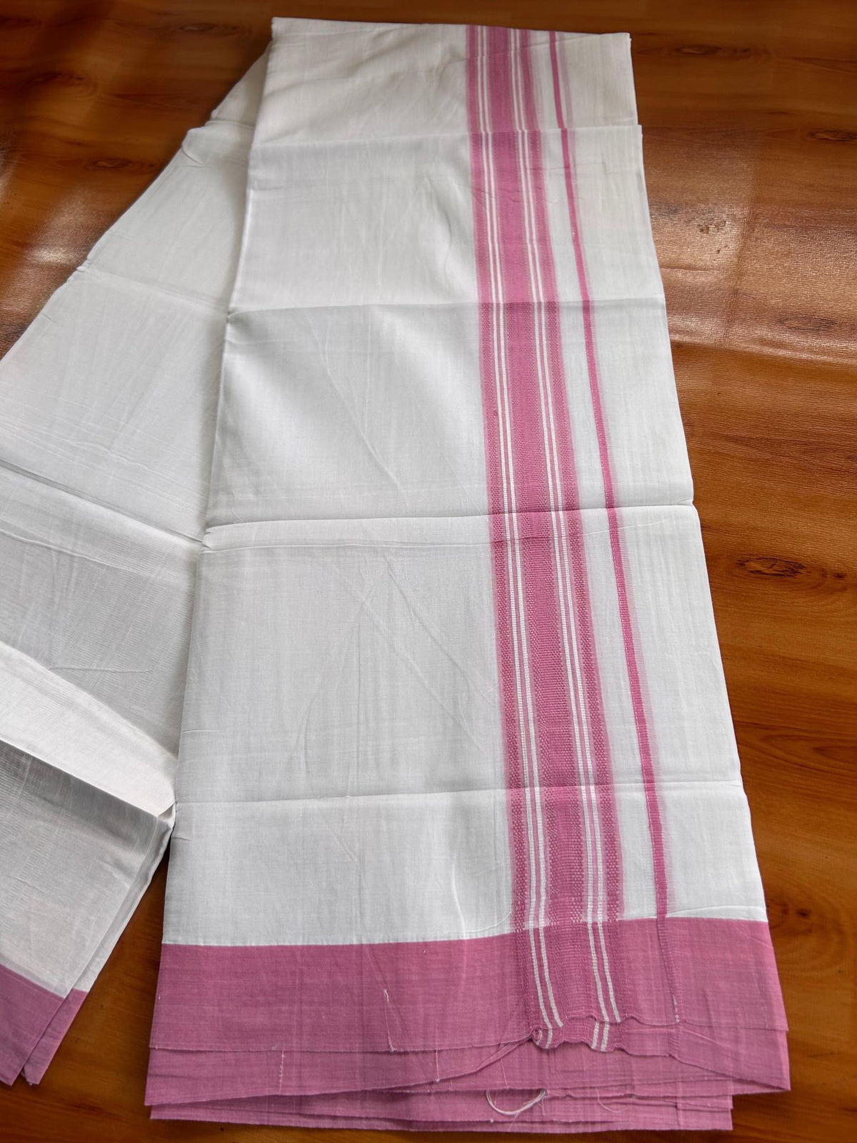 Double Pure White Mundu/Dhoti -20% Discount! KaithariKada 100% Cotton - 100x80 - 1.5 Inch Pink Shaded Striped Kara - 3.80 mtr (8 muzham) - 14 KK5519 PMC
