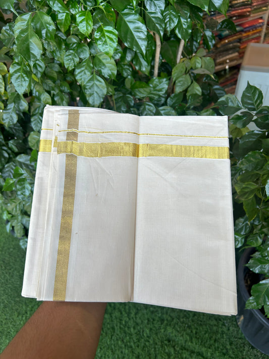 20% Discount! Kaitharikada Balaramapuram 100% Cotton Off White Double Mundu/Dothi  - 80s - 0.75 Inch Gold Kasav Kara - 4 mtr ( 8.5 Muzham ) - 66 KK5362GAN