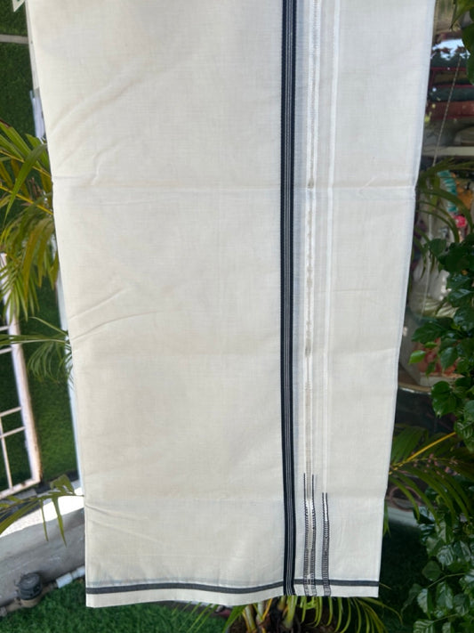 21% Discount! KaithariKada Balaramapuram 100% Cotton Off White - (Unbleached) - Double Mundu/Dhoti-100x100 - 1 cm Puliyilakkara Black & Silver Kasavu Striped Double Chutty Kara - 6KK5179ASH