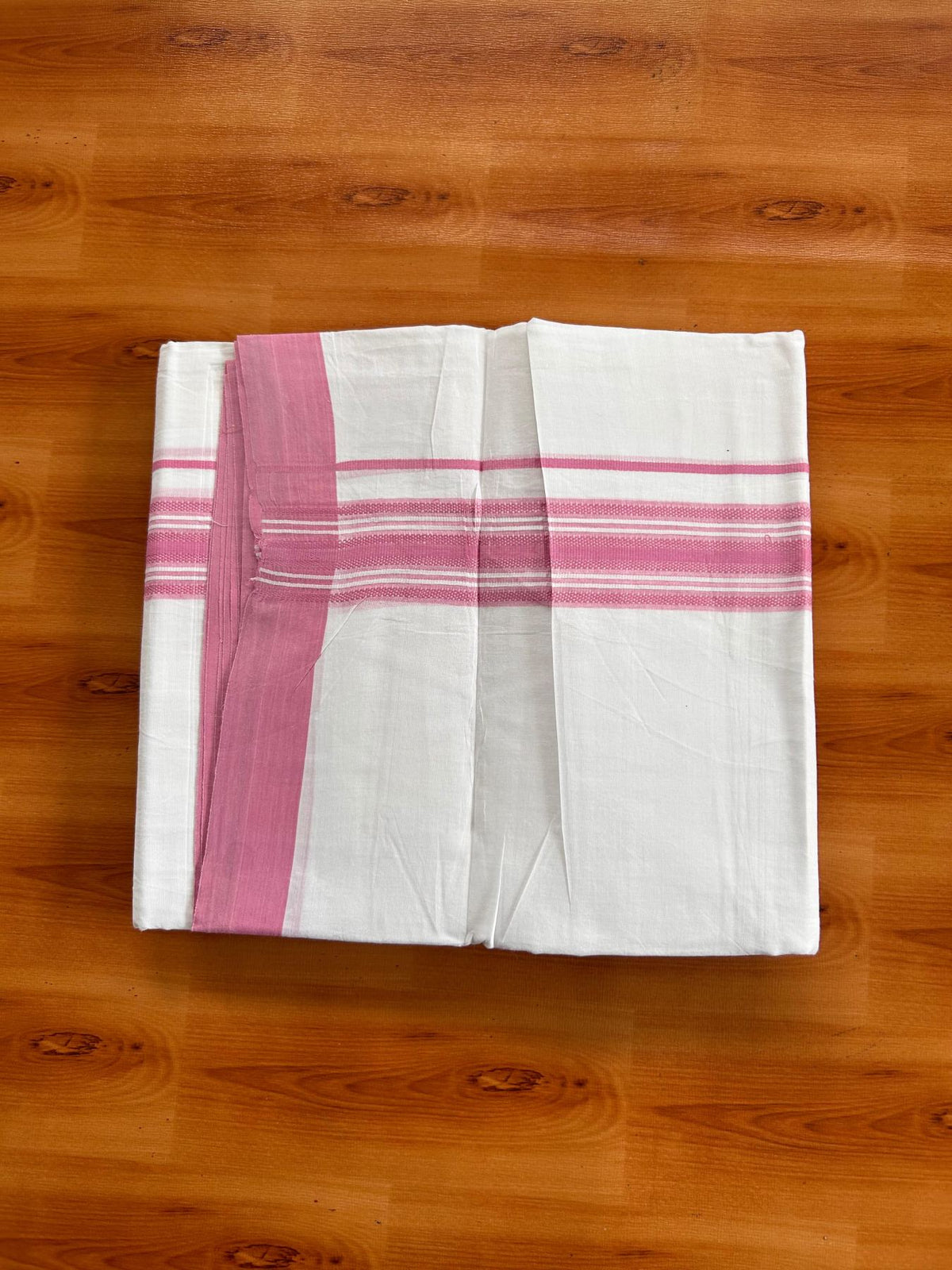 Double Pure White Mundu/Dhoti -20% Discount! KaithariKada 100% Cotton - 100x80 - 1.5 Inch Pink Shaded Striped Kara - 3.80 mtr (8 muzham) - 14 KK5519 PMC