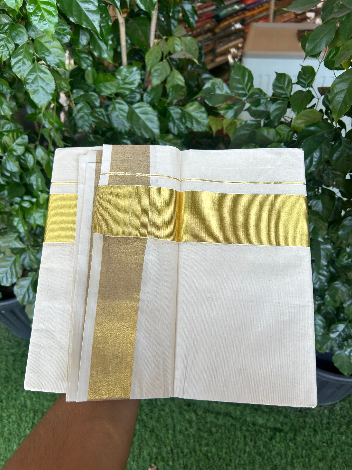 20% Discount! Kaitharikada Balaramapuram 100% Cotton Off White Double Mundu/Dothi  - 80s - 2 Inch Gold Kasav Kara - 4 mtr ( 8.5 Muzham ) - 65 KK5362GAN