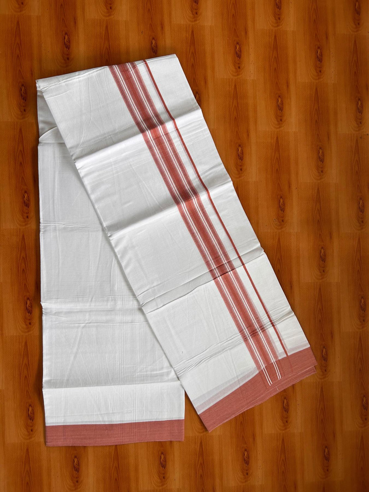 Double Pure White Mundu/Dhoti -20% Discount! KaithariKada 100% Cotton - 100x80 - 1.5 Inch Burnt Peach Shaded Striped Kara - 3.80 mtr (8 muzham) - 15 KK5519 PMC
