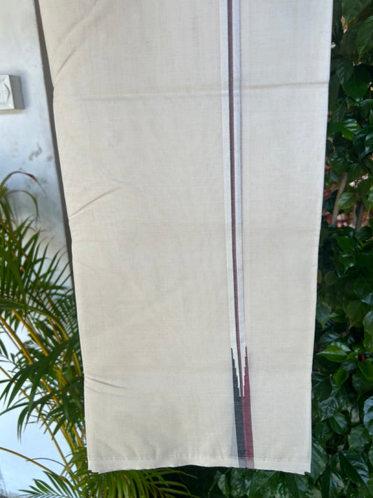 DMK Veshti - 23% DISCOUNT! KaithariKada 100% Cotton off white Double - (Unbleached) Mundu/Dhoti - 100X100 - 0.5 inch Puliyilakkara Black & Maroon Shaded chutty - 1KK5179ASH