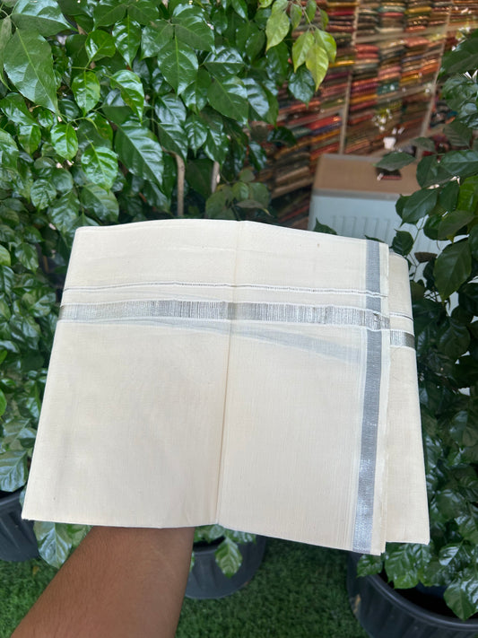 20% Discount ! Kaitharikada Balaramapuram 100% Cotton Off White Double Mundu/Dothi  - 80s - 0.5 Inch Silver Kasav Kara 4 mtr ( 8.5 muzham ) - 62 KK5362 GAN